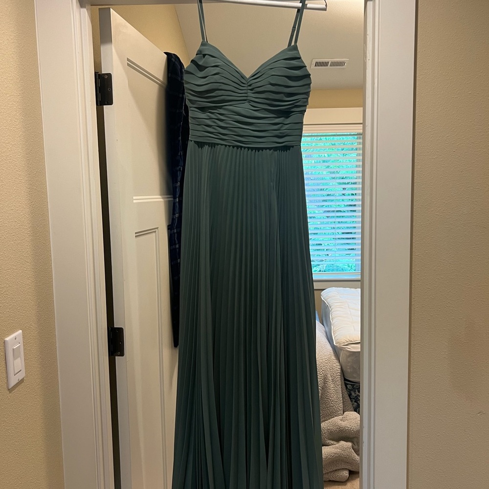 Azazie Georgie Bridesmaid Pleated Chiffon Long Dress Eucalyptus